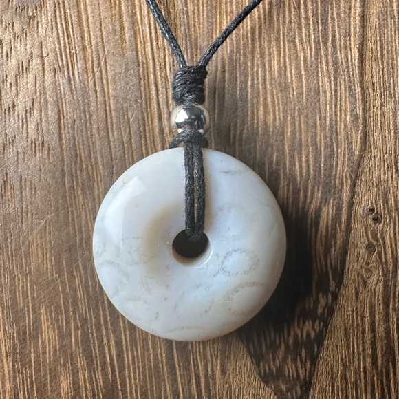 Jewelry - Reversible White Coral Fossil Donut Pendant Necklace Choker on Thin Black Rope